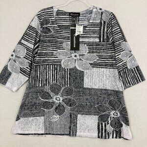 New Creation Black White Floral Knit Stretch 3/4 Sleeve Artsy Pullover Top XXL